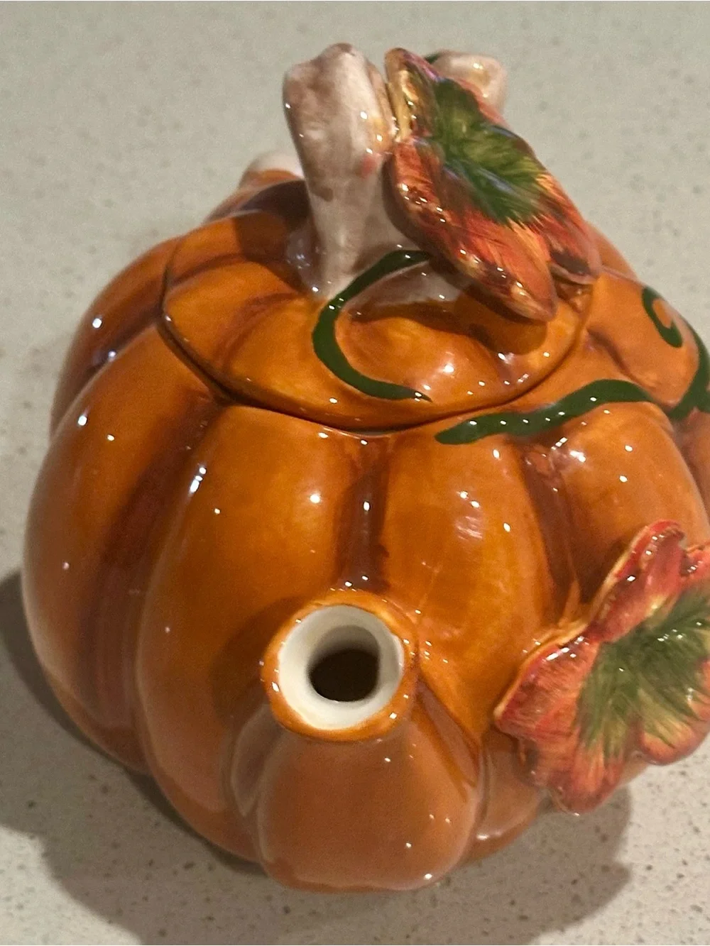 Glossy Orange Ceramic Pumpkin Teapot  with Green Vine Accent and Lid